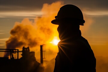 smoke billowing behind silhouette of worker at dawn - 734975925