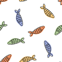 Seamless pattern with colorful fish and black outline