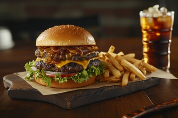 Double Cheeseburger with Bacon and French Fries on a Wooden Board. Generative AI.