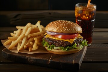 Classic Cheeseburger with French Fries and a Cold Drink. Generative AI.