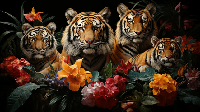 Group of Tigers Sitting Together. Generated with AI.