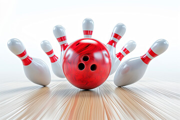 bowling red ball hitting pins - obrazy, fototapety, plakaty