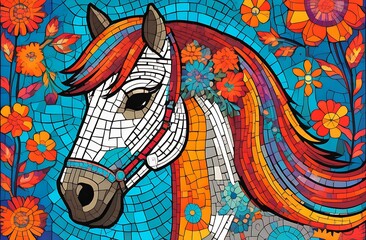 Horse head in stained glass style with flowers.