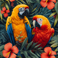 Fototapeta premium Tropical rainforest parrot as background, ai generated
