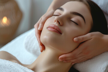 Fototapeta na wymiar Professional cosmetologist making massage for woman in spa