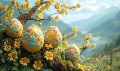 3D, cartoon Easter eggs hanging on tree branches.