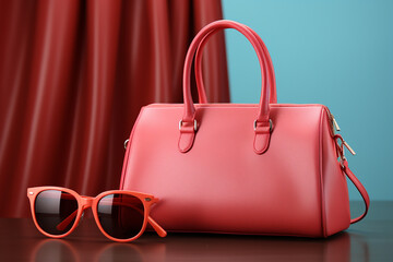 Women's red bag, sunglasses, scarf and fruits on blue background