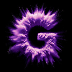 Letter G - Purple powder explosion font isolated on black background - uppercase letter G from the alphabet - Purple contrasting with a black background text - Purple dust burst typeset