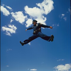 Policeman jumping high on the background of the sky