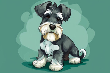 Cartoon style illustration of a miniature schnauzer dog on a blue background