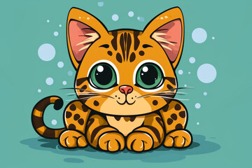 Cute cartoon Bengal cat with big eyes. Cartoon style illustration of a cat.