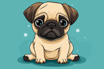 Cute cartoon pug sitting on blue background. Cartoon style illustration.