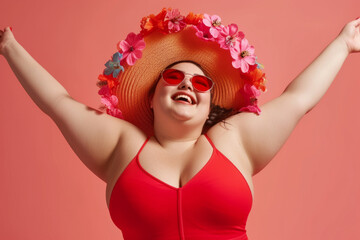 Fototapeta premium Funny young happy plus size woman in red swimsuit going on summer holiday trip and having fun on a pink studio background with copy space. Vacation and travel concept