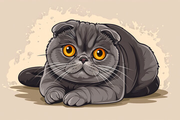 Cute Scottish Fold cat lying on the floor. Cartoon style illustration of a pet.
