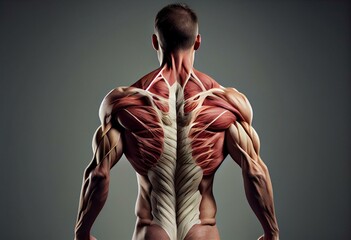 Male Full Body Muscle and Connective Tissue Anatomy, Rear View on White Background. Generative AI - obrazy, fototapety, plakaty