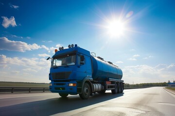 blue tanker truck under bright noon sun