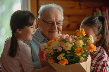 Happy grandfather receives birthday presents from his loving family. Children together with grandmother give grandpa a card and a bouquet of beautiful flowers