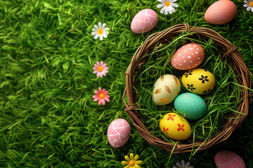 Fototapeta premium easter card, easter bunny with eggs, easter eggs and flowers, easter eggs in a basket, easter eggs and flowers on a white background, easter wall paper and background for social media 