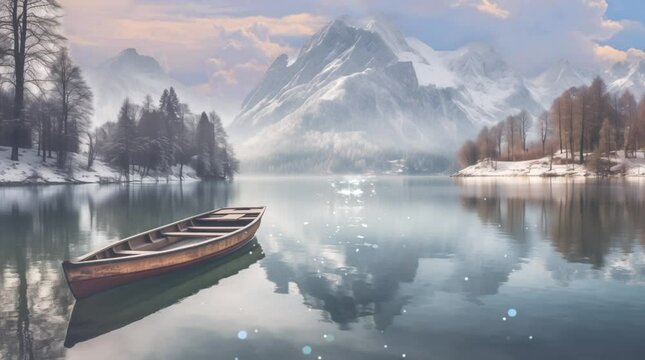 beautiful lake with wooden boat with snow rocky mountain nature landscape photography loop animation background