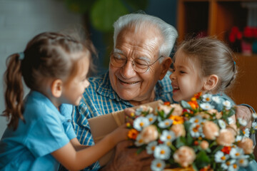 Happy senior Latin man receives presents from his grandchildren. Children make their grandfather a birthday surprise. Little kids give their grandpa a gift card and a bouquet of flowers