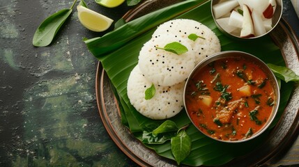 Top view idli, steamed rice cakes, accompanied by sambar, a flavorful lentil stew, capturing the essence of traditional South Indian cuisine, on a dark background with copy-space