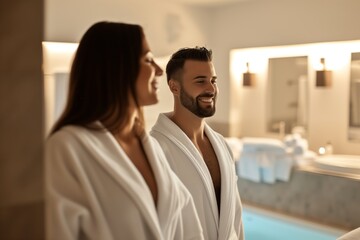 Fototapeta na wymiar couple in bathrobes having a spa day in hotel
