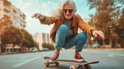 A stylish mature woman skateboarding on a longboard, exuding energy and vitality. Active aging or skateboarding enthusiasts concept. - obrazy, fototapety, plakaty