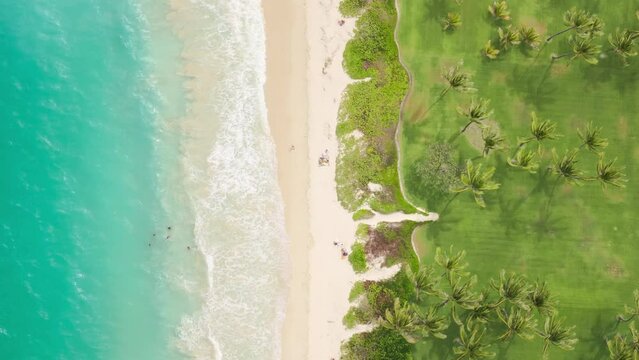 Drone shot Hawaii beach with white sand, teal water. Top view of beautiful sand beach with azure ocean waters. Wave propagation on Kailua beach. Aerial view tropical Oahu landscape for copy background
