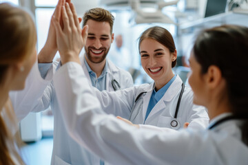 Happy smiling doctors rejoicing at success in treatment giving high five each other standing in...