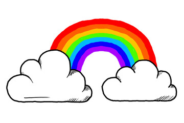 Clouds and Rainbow, Hand drawing Rainbow colours, pencil illustration