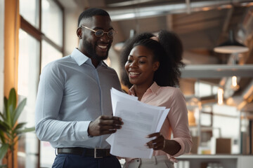 Portrait of two smiling African American business people man and woman standing in office at their workplace and looking through financial documents. Employees discussing work project