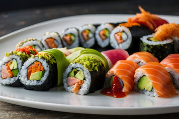 A platter of assorted sushi rolls, including California rolls and spicy tuna rolls.