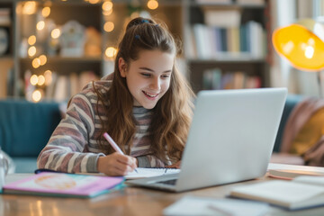 Smiling girl studying with laptop computer. Teenage girl sitting at her desk and writing in notebook. Student doing her homework or learning online.