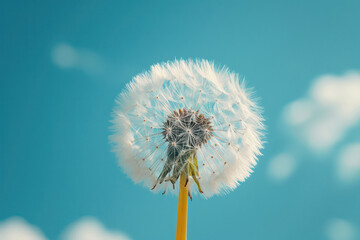 Dandelion Fluff Dancing in the Summer Breeze against the Blue Sky Background