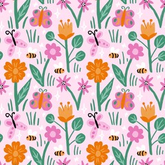 Hand drawn seamless pattern with colorful charcoal flowers bees butterflies. Bright funny print for nursery kids chuildren, blue pink orange colors, simple illustration for fabric wrapping paper.
