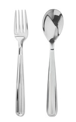 Silver fork and spoon isolated on white, top view