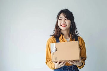 Obraz premium Young Asian woman holding delivery box face lit up with beautiful smile moment of receiving parcel is presented with sense of happiness and anticipation