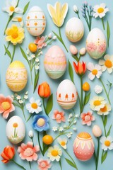 Fototapeta na wymiar Decorated Easter eggs with spring flowers. Easter holiday card. Delicate pastel colors, happy easter background