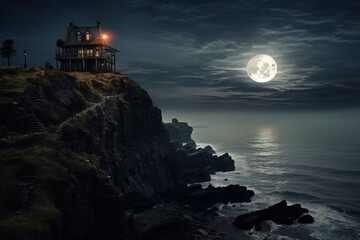 Cliffside House Under Moonlight Overlooking Ocean