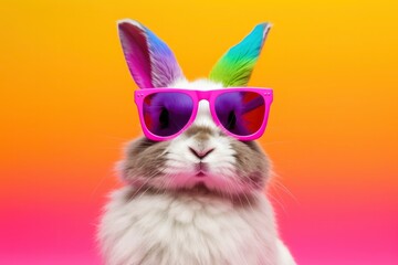 Cheerful fluffy bunny in funny sunglasses on pink background. Creative layout with rabbit, spring, easter holiday, funny minimalistic card with animal