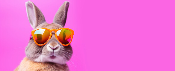 Cheerful fluffy bunny in funny sunglasses on pink background. Creative layout with rabbit, spring, easter holiday, funny minimalistic card with animal