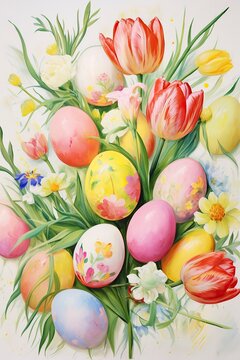 Happy easter. Composition of painted Easter eggs and spring flowers. Watercolor illustration, holiday card