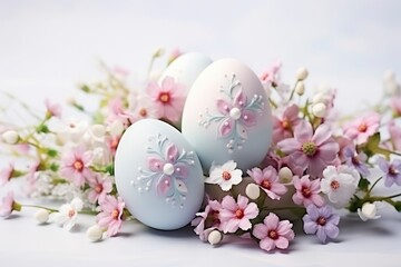 Obraz na płótnie Canvas Decorated Easter eggs with spring flowers. Easter holiday card. Delicate pastel colors, happy easter background
