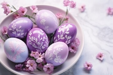 Obraz na płótnie Canvas Painted purple Easter eggs and spring flowers. Easter holiday background. Stylish decorative card