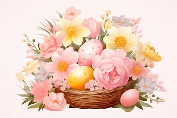 Fototapeta na wymiar Holiday Easter card. Multi-colored Easter eggs in a wicker basket, spring flowers on a white background. Watercolor illustration