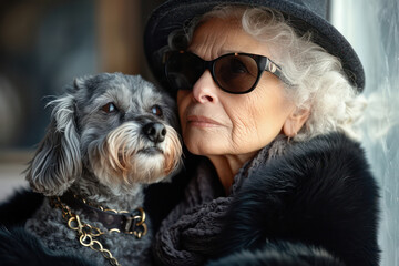 Happy Elderly Woman Holding a Cute Maltese Dog: A Portrait of Love and Friendship in a Relaxing Home