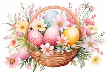 Obraz na płótnie Canvas Holiday Easter card. Multi-colored Easter eggs in a wicker basket, spring flowers on a white background. Watercolor illustration