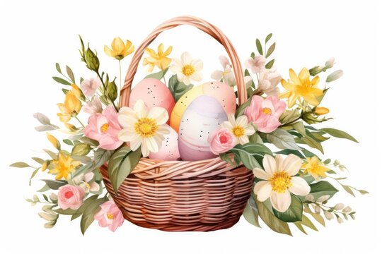 Holiday Easter card. Multi-colored Easter eggs in a wicker basket, spring flowers on a white background. Watercolor illustration