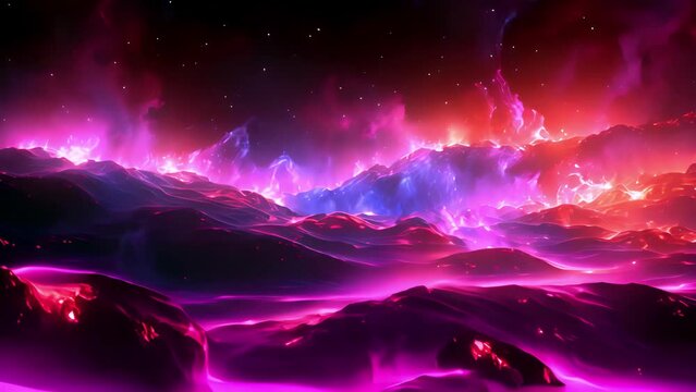 Fantastic neon glow and flashes on an unknown planet in deep space