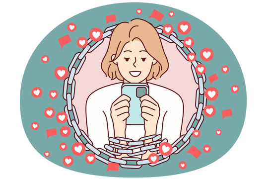 Woman with chained hands using mobile phone symbolizing addiction to internet and gadgets. Girl with smartphone surrounded by hearts cannot refuse to visit social networks. Flat vector image